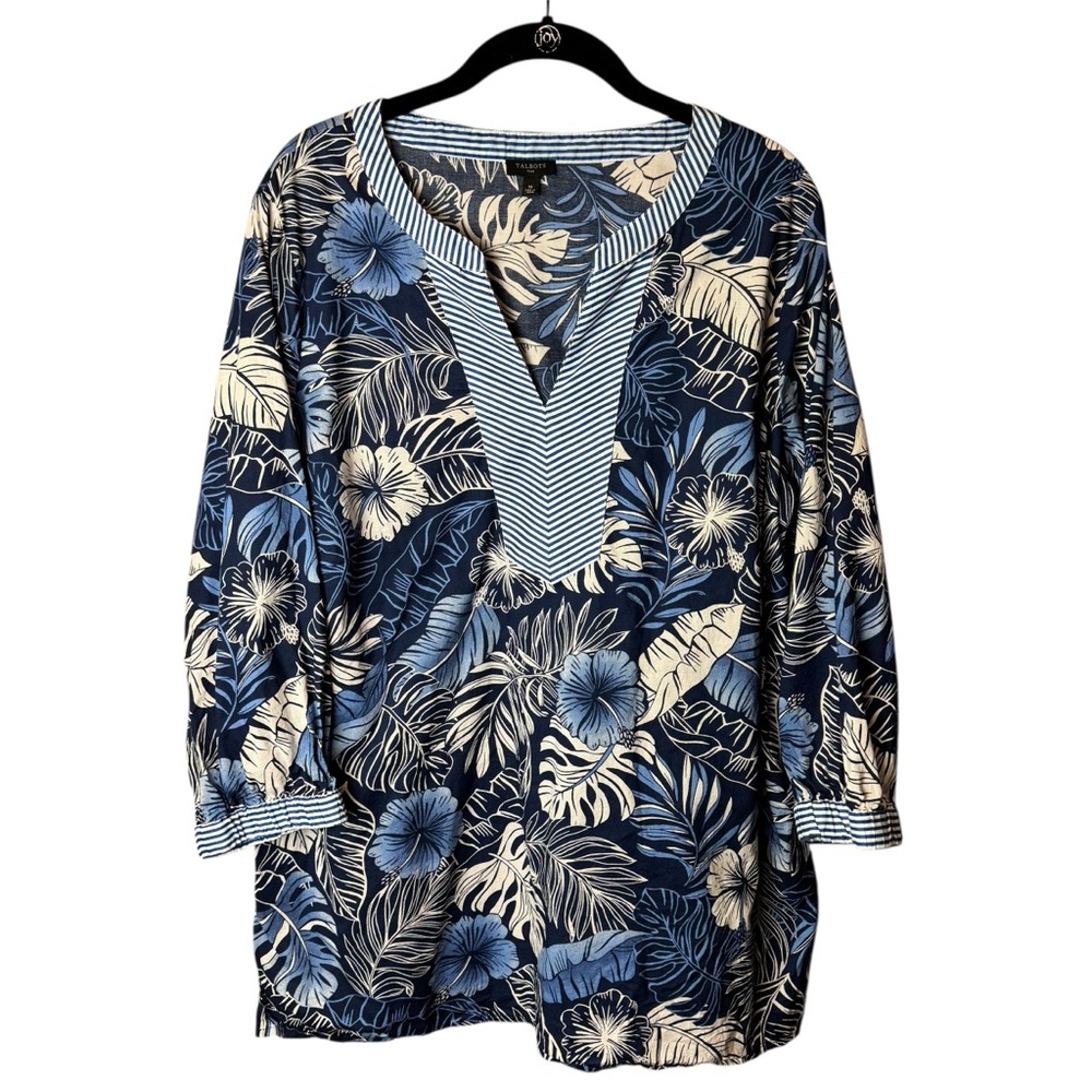 Talbots Plus Blue Floral Hibiscus Palms Tunic Top 1X